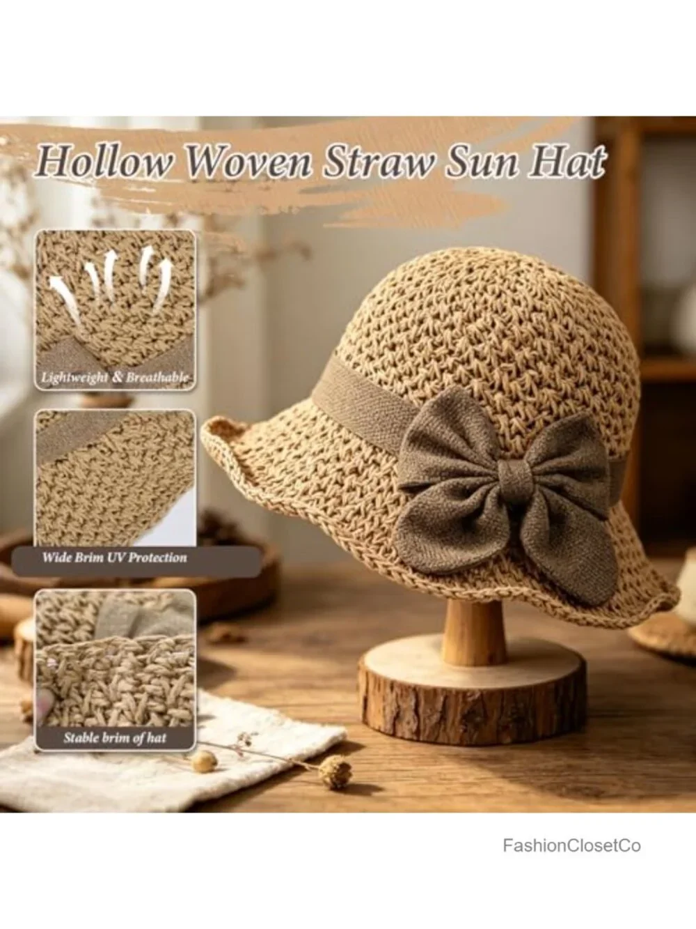 Handcrafted Woven Straw Sun Hat with Ruffled Bow - Foldable Travel Bucket Hat